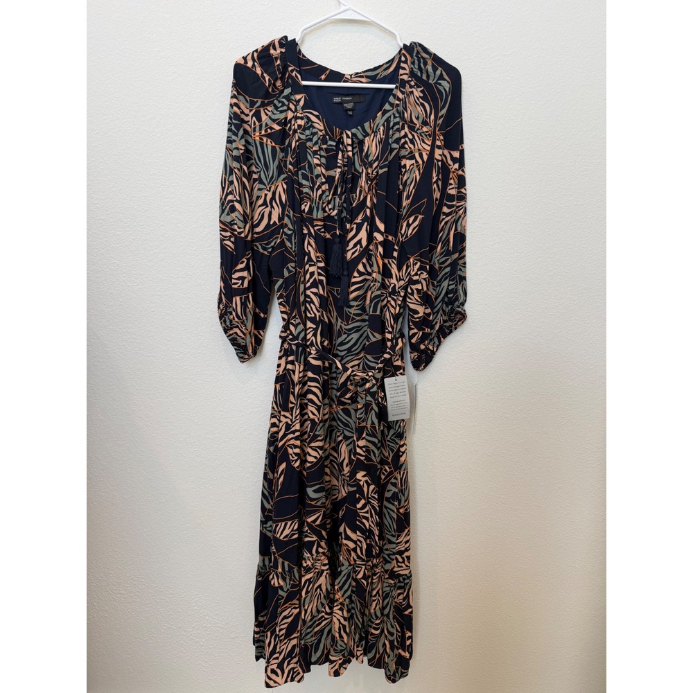 NWT Maggy London Woman Navy Peach Tropical Leaf Button Down Midi Dress 22W